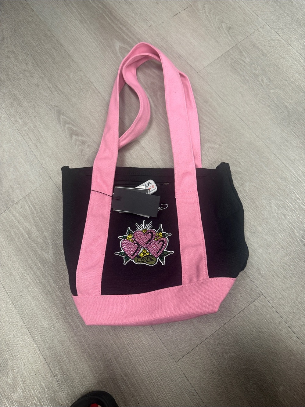 Pink & Black Canvas Tote Bag with Heart Patch